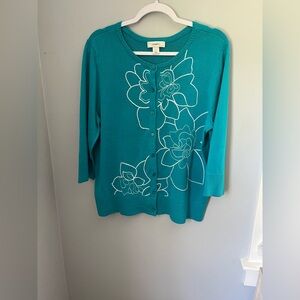 CJ Banks Blue Green Boxy 3/4 Sleeve blazer sweater Embroidered Ditail‎